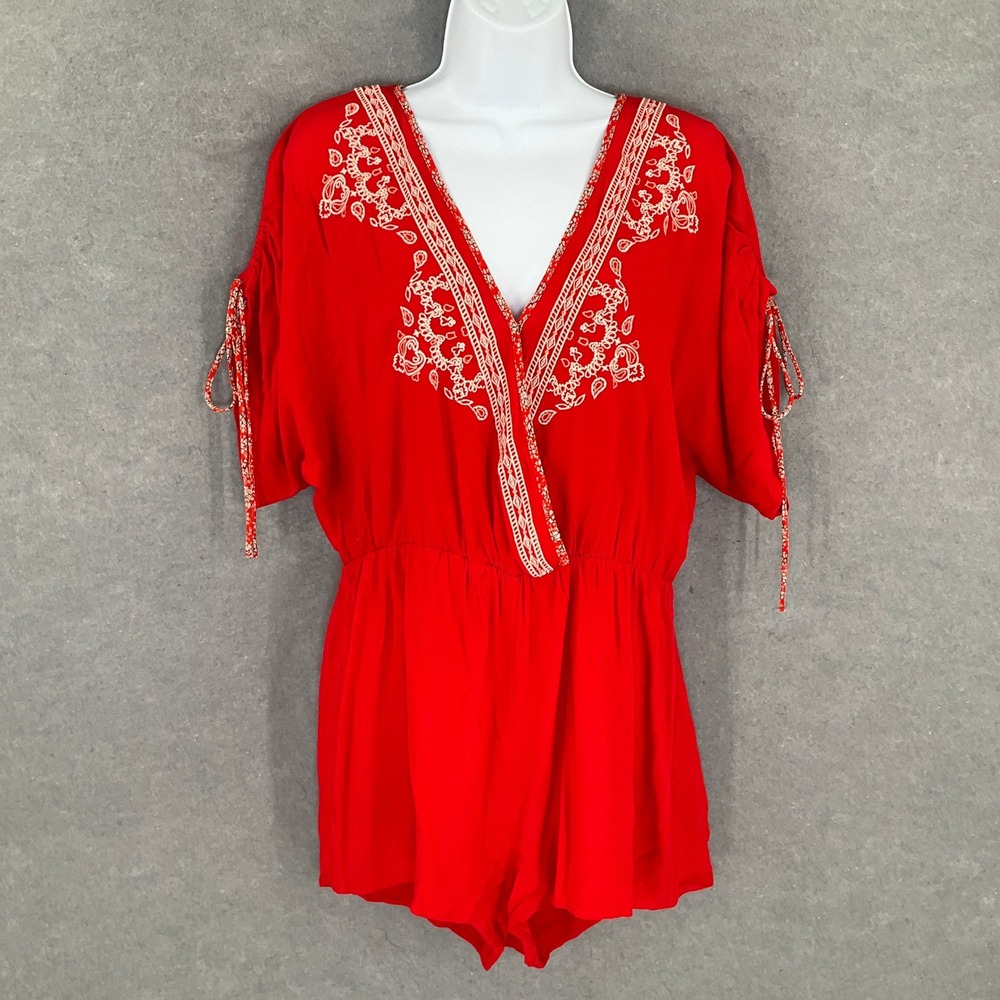 Flying Tomato Red Embroidered Romper Women's Size L Cinched Short Sleeve Boho